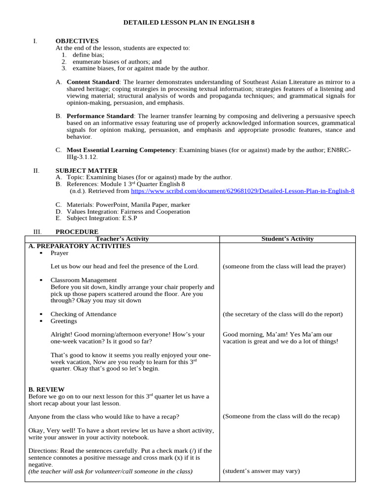 629681029 Detailed Lesson Plan in English 8 | PDF | Bias | Learning