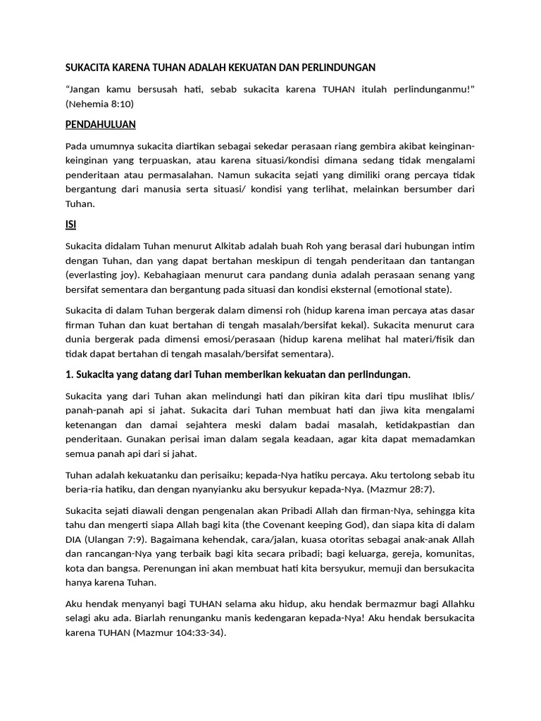 Sukacita Karena Tuhan Adalah Kekuatan Dan Perlindungan - Neh 8 - 11 | PDF