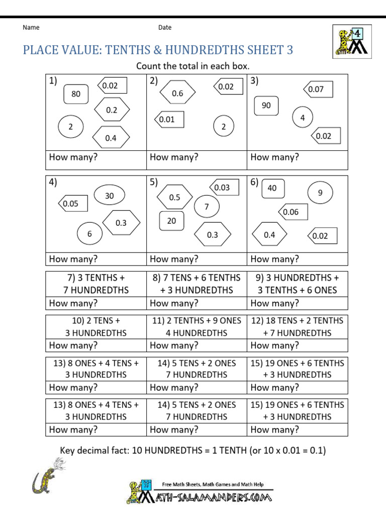 Tenths and Hundredths Practice Sheet | PDF | Arithmetic | Mathematical ...