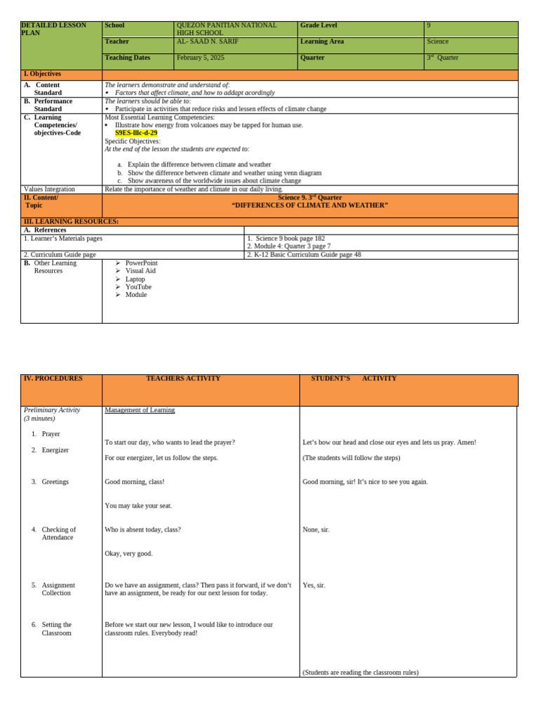 Lesson Plan Day 3 | PDF | Weather | Climate