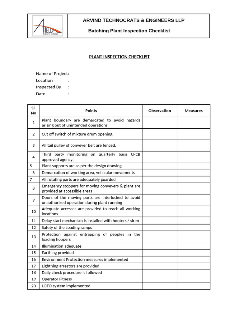 Doc. No. ATE HSE CK 0A Plant Inspection Checklist | PDF