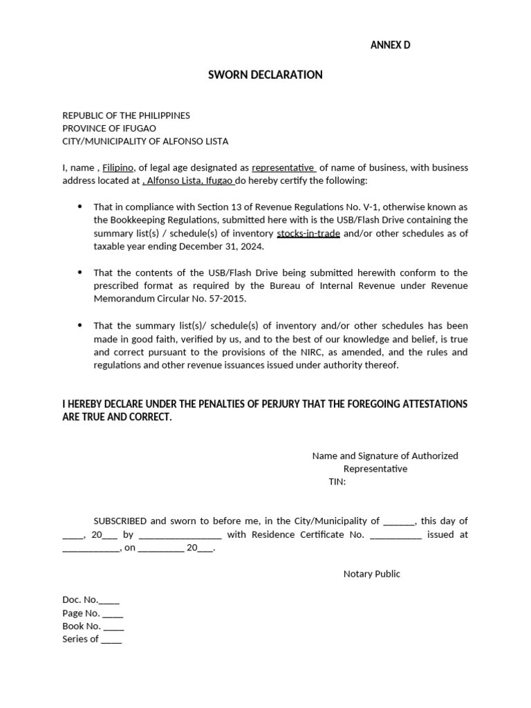 Sworn Declaration for Annex D Submission | PDF