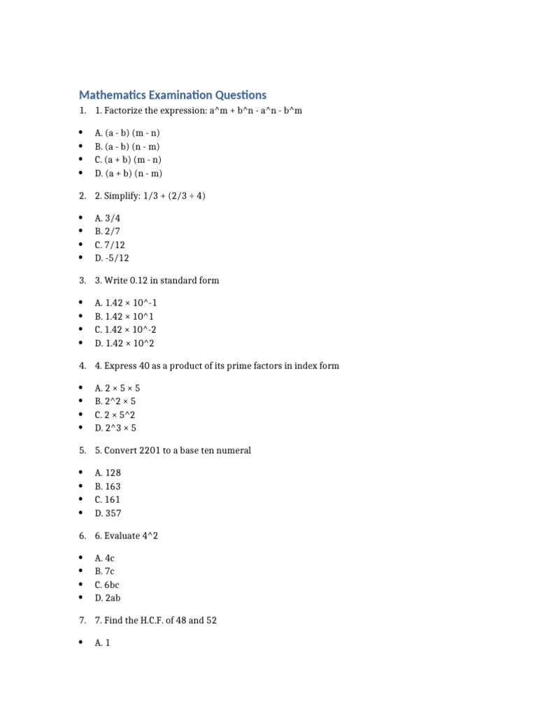 Mathematics Exam Questions and Answers | PDF