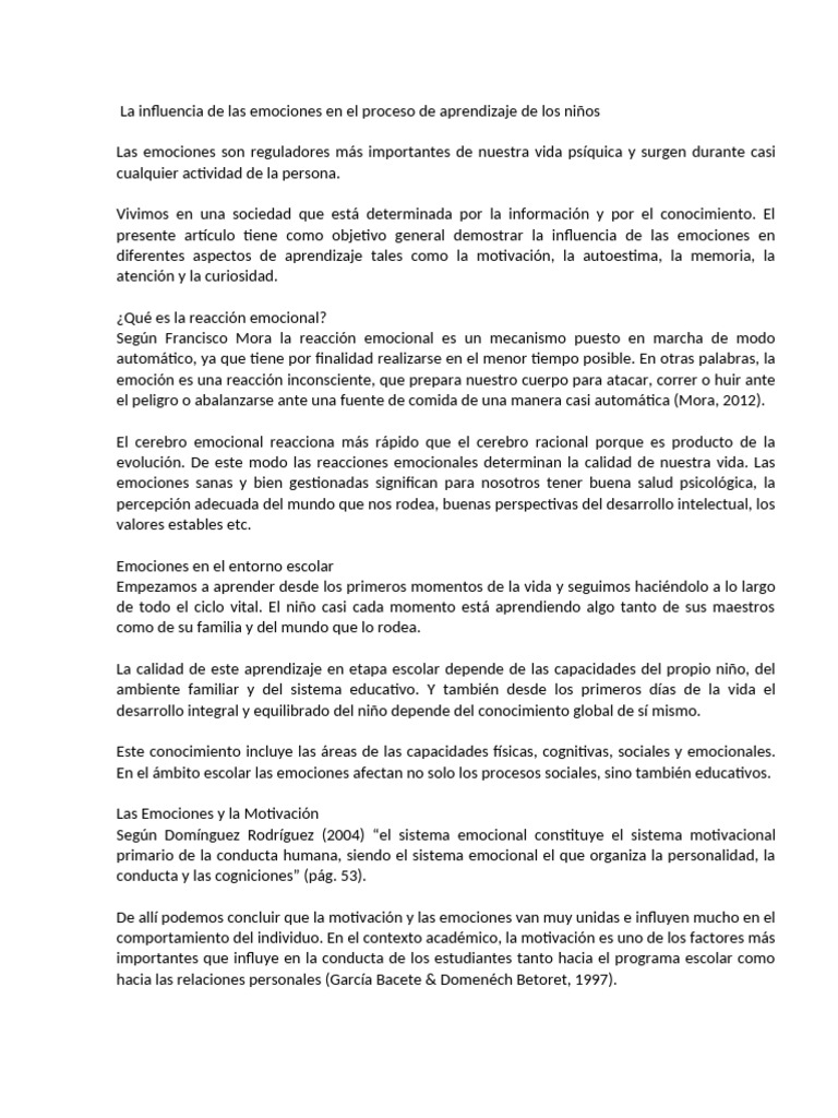 La Influencia de Las Emociones en El Proceso de Aprendizaje de Los ...