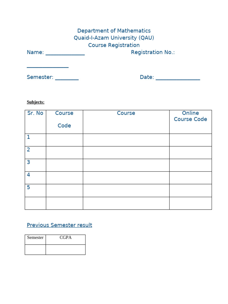 Qau Mathematics Course Registration Form Pdf