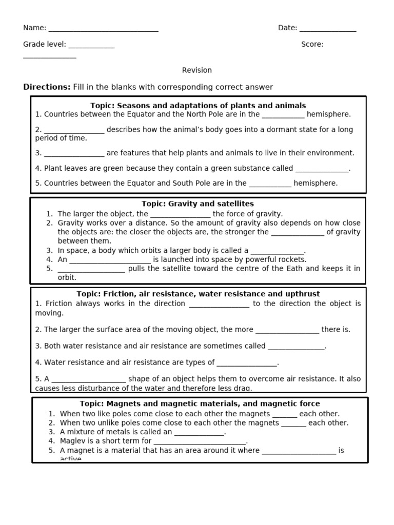 Class 5 Science Fill-in-the-Blanks | PDF | Magnet | Gravity