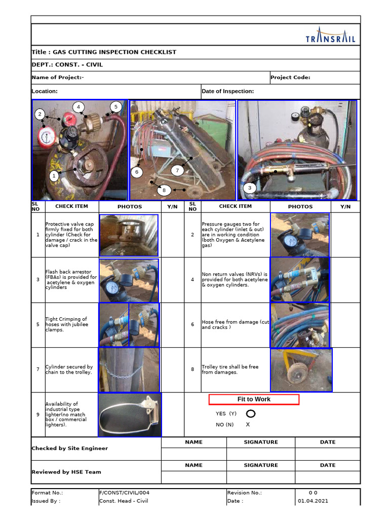Gas Cutting Inspection Checklist | PDF | Manufactured Goods ...