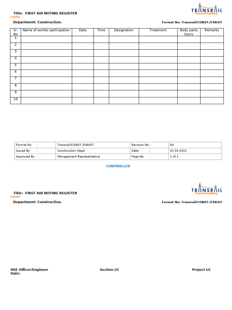 First Aid Register for Construction Workers | PDF
