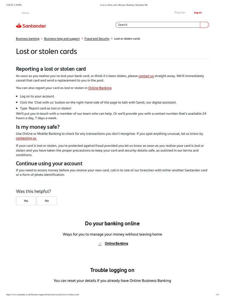 Lost or Stolen Cards - Business Banking - Santander UK | PDF ...