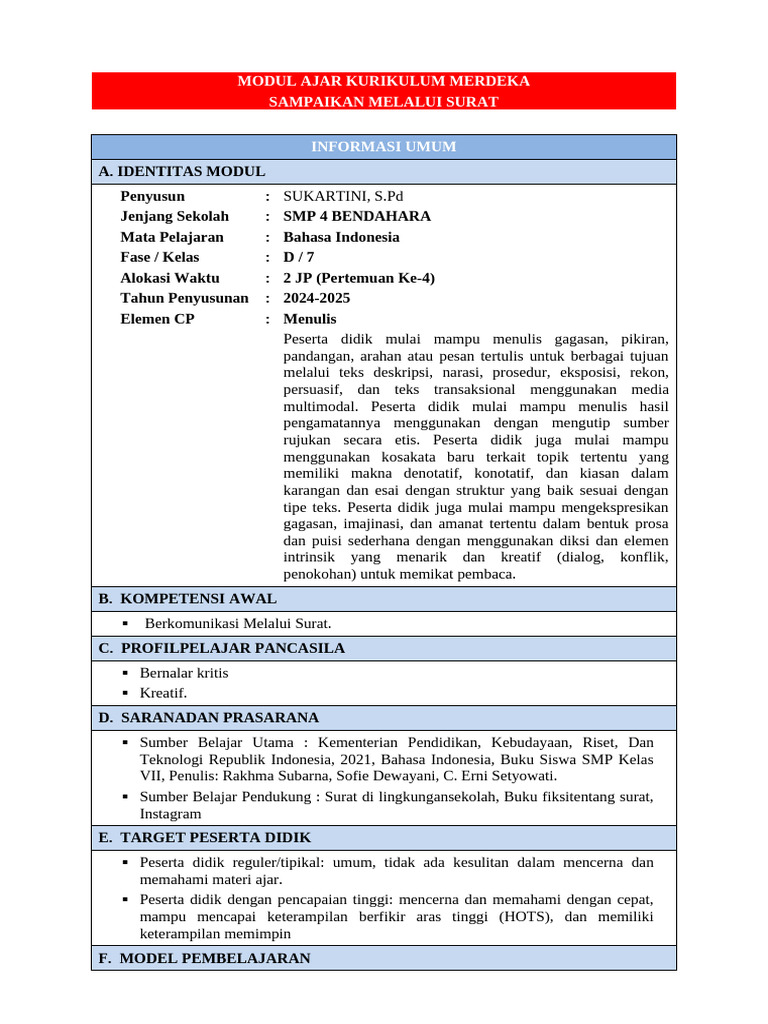 Modul Ajar Menulis Surat SMP 2024 | PDF