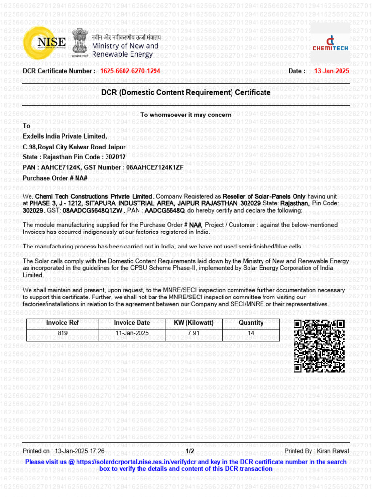DCR (Domestic Content Requirement) Certificate | PDF | Invoice ...