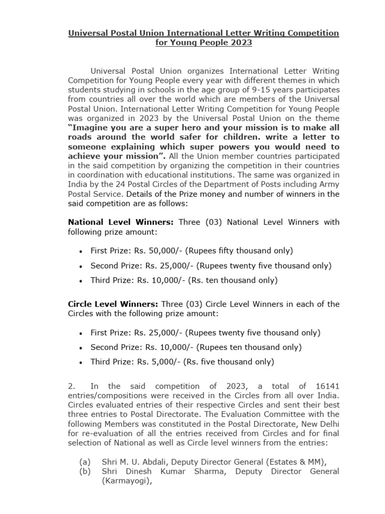 UPU Letter Writing Competition 2023 Results | PDF | Philately | Freight ...