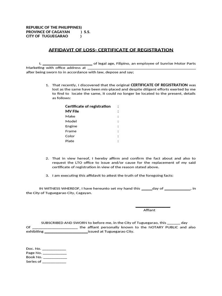 Affidavit of Loss for Vehicle Registration | PDF