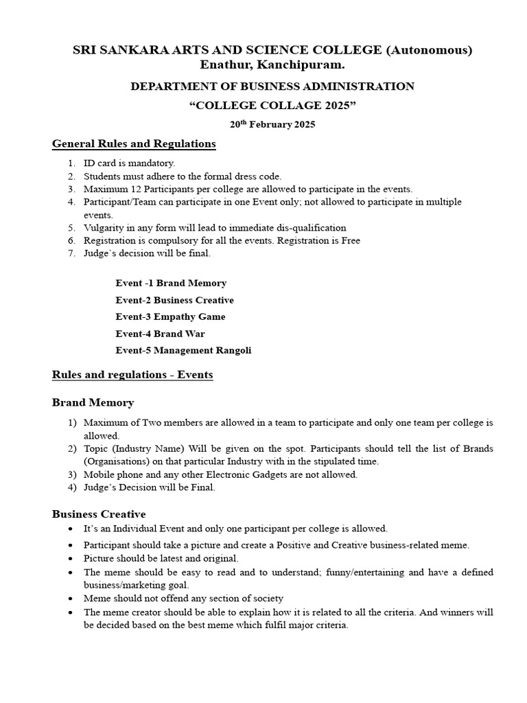 College Collage 2025 Events Rules | PDF | Brand | Business