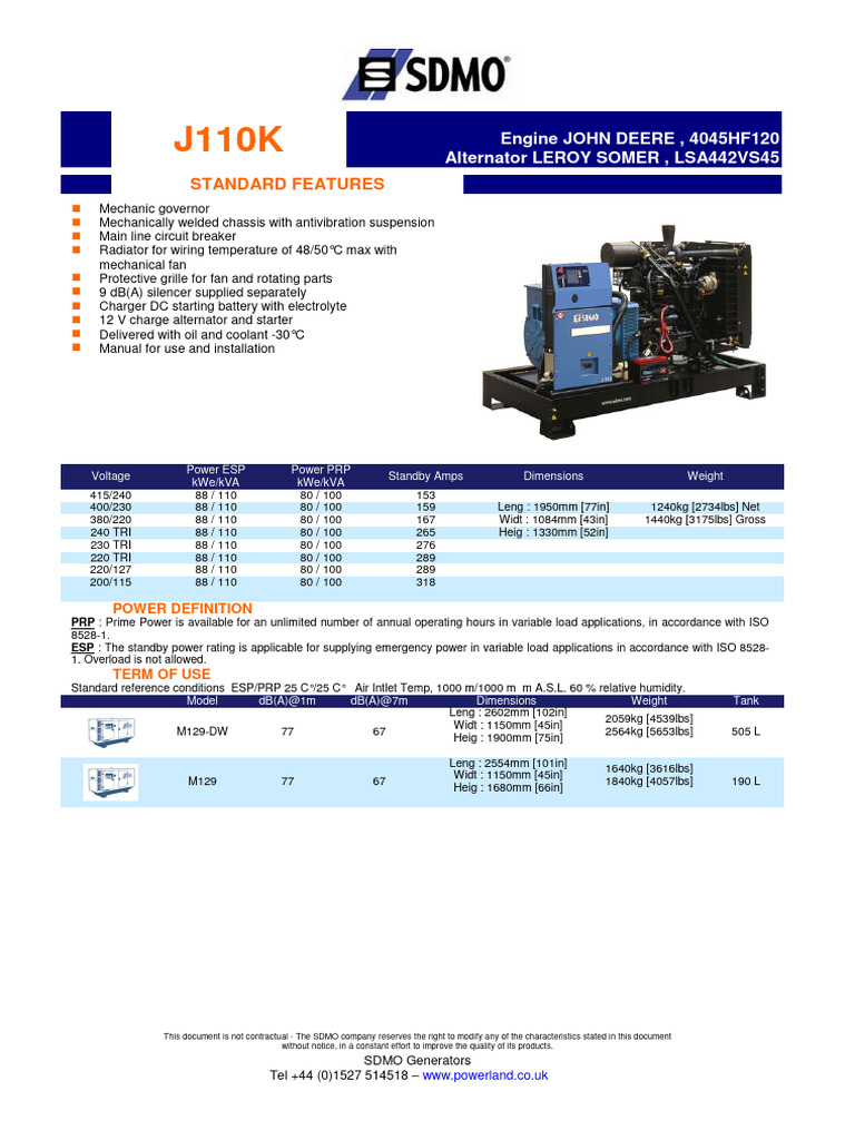 SDMO J110K Generator Specifications | PDF | Engines | Coolant