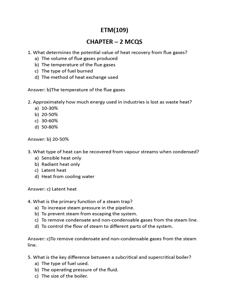 Waste Heat Recovery MCQs and Answers | PDF | Boiler | Steam