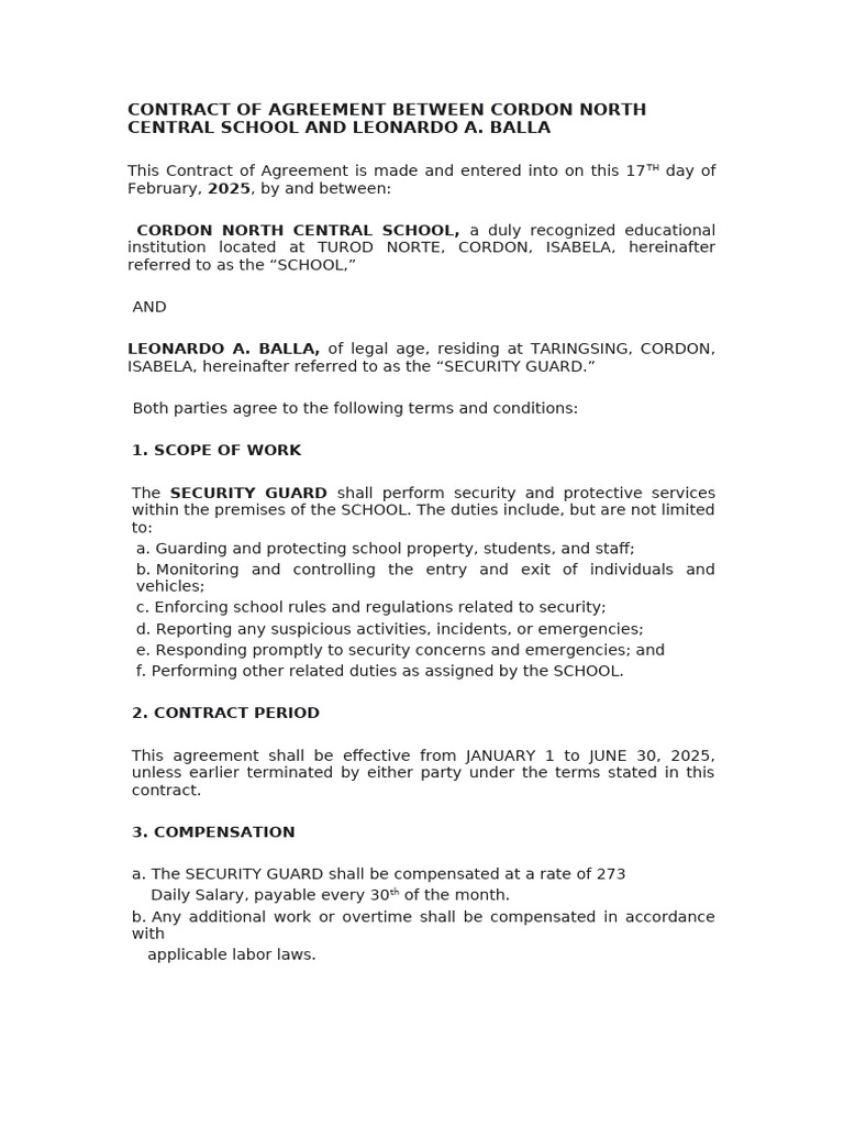 Security Guard Contract Agreement | PDF | Security Guard | Legal Liability