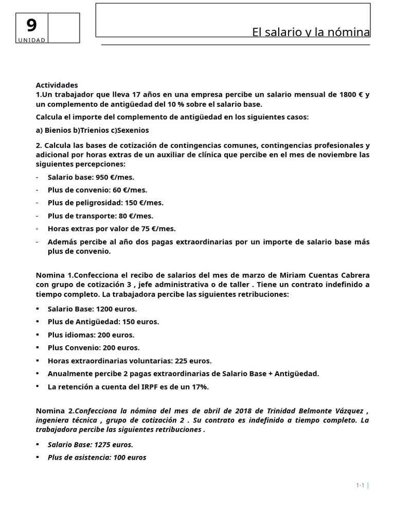Ejercicios de Nóminas 2024-2025 | PDF | Salario | Salario mínimo
