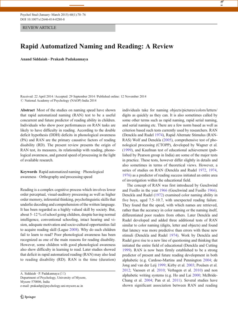 RAN and Reading Ability: A Review | PDF | Dyslexia | Linguistics