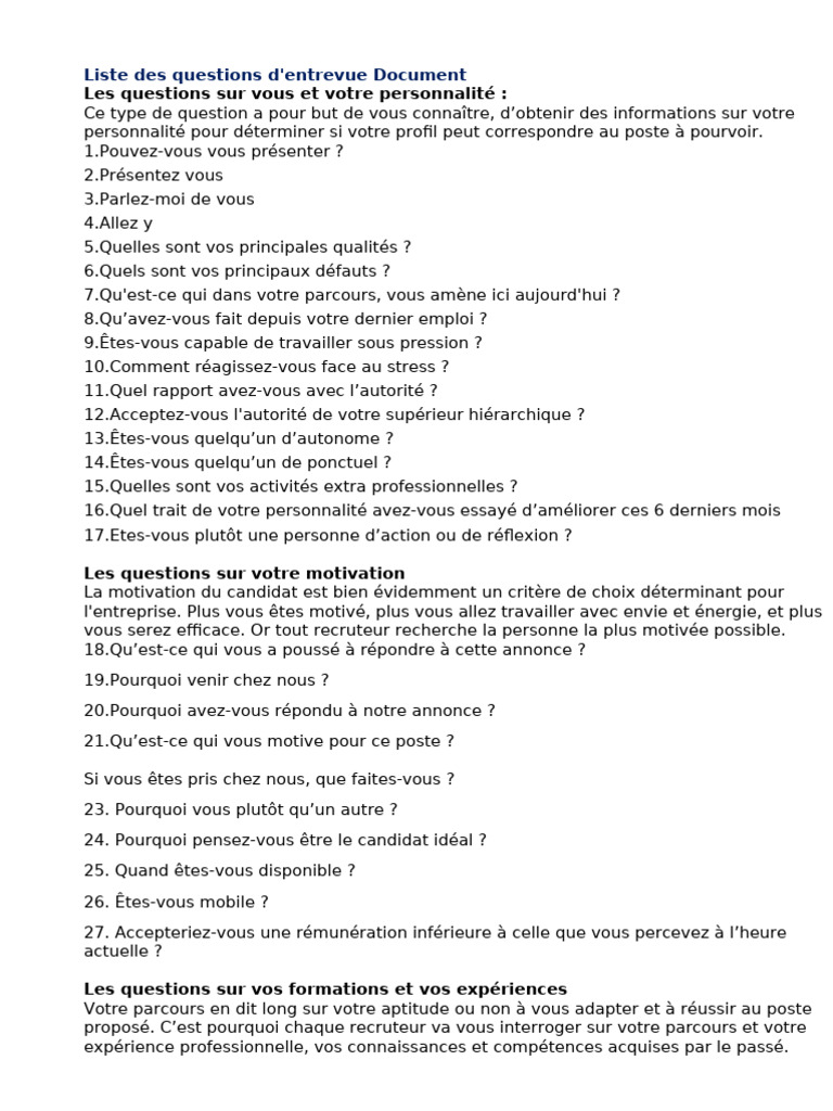 Liste de questions d'entrevue | PDF