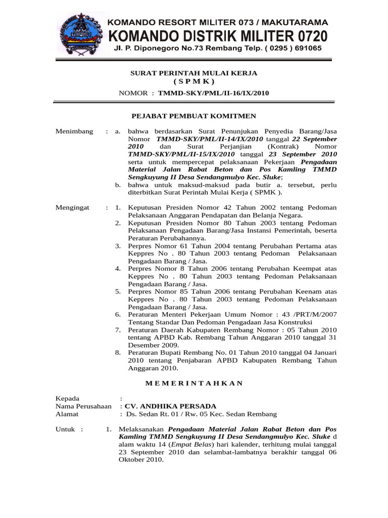 Surat Perintah Mulai Kerja TMMD 2010 | PDF