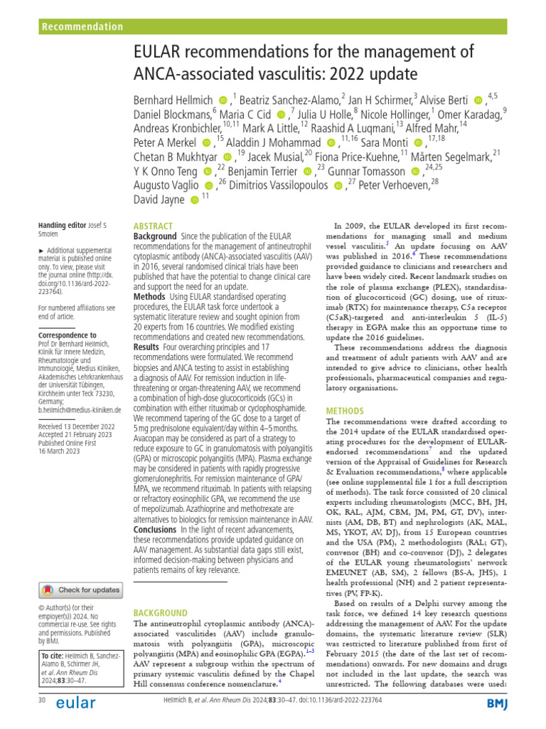 EULAR recommendations for the management of ANCA vasculitis | PDF ...