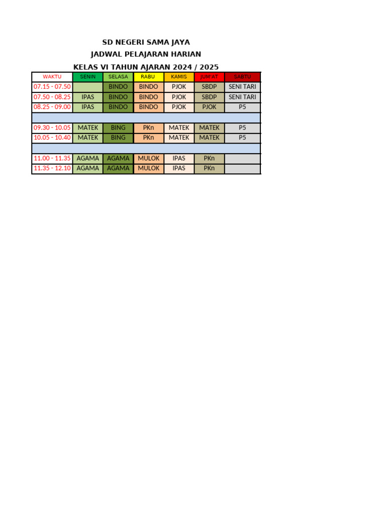 Roster Harian Kelas VI SD Negeri Sama Jaya | PDF