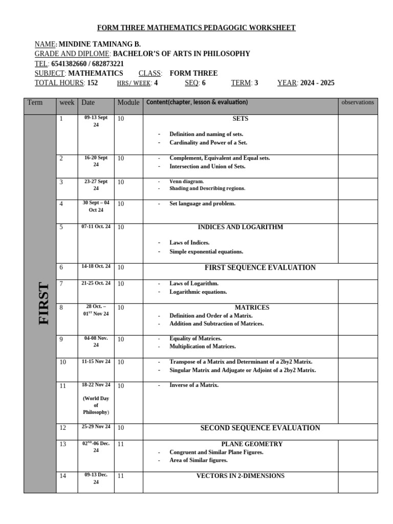 Form 3 Mathematics Syllabus Overview | PDF | Matrix (Mathematics ...