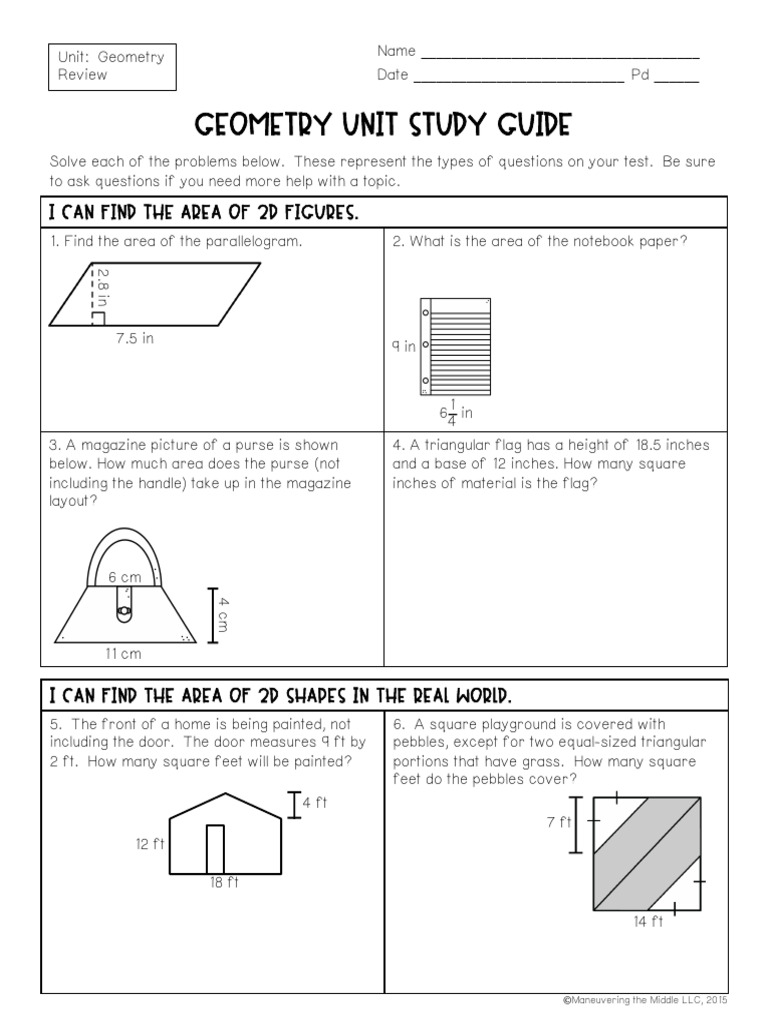 Geometry Unit Study Guide: Area & Volume | PDF | Area | Volume