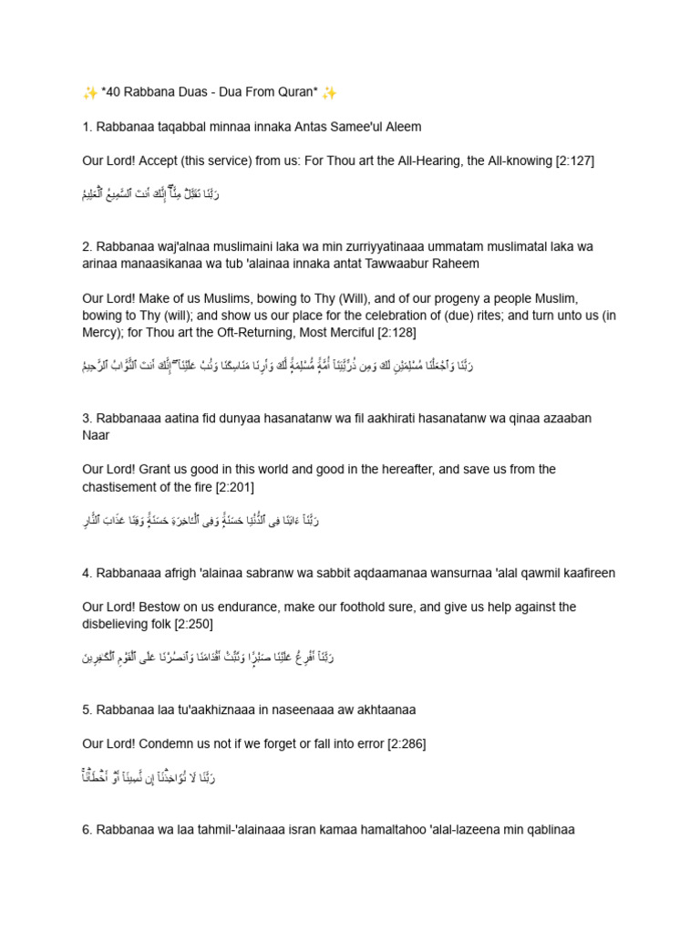 40 Rabbana Duas from the Quran | PDF | Religious Belief And Doctrine