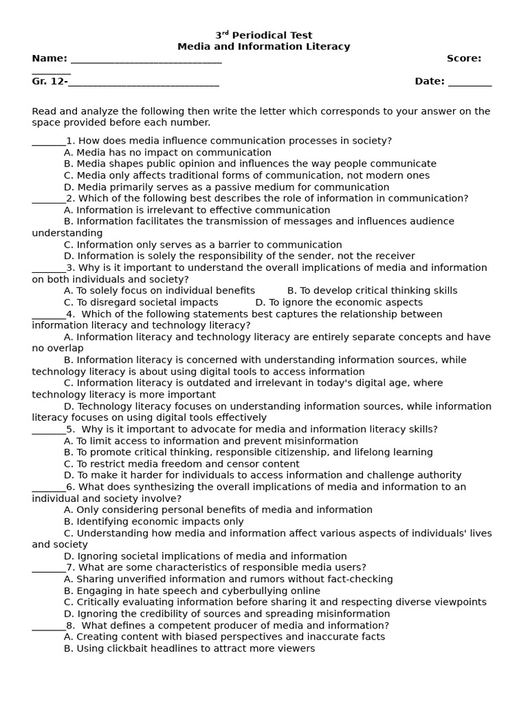 3rd Periodical Test in MIL 2024 - For Printing | PDF | Social Media ...