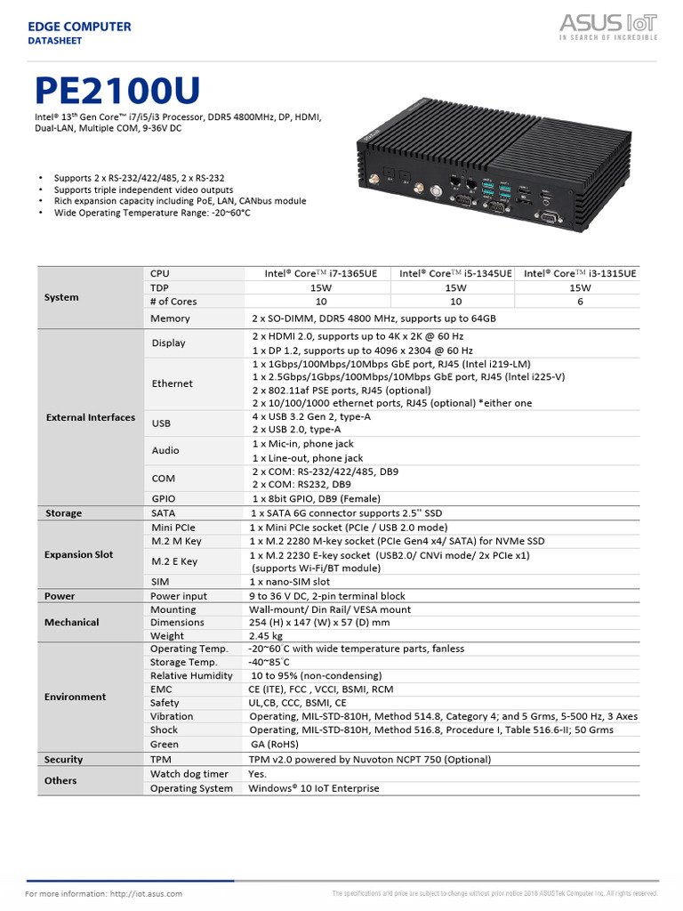 ASUS PE2100U Series Specifications | PDF | Usb | Computer Engineering