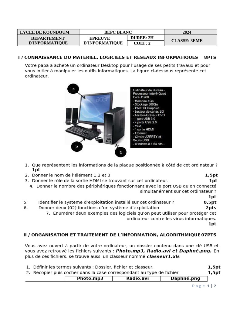 Épreuve d'informatique BEPC 2024 3ème | PDF | Fichier informatique ...