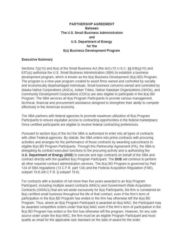SBA-DOE 8(a) Partnership Agreement | PDF | Small Business ...