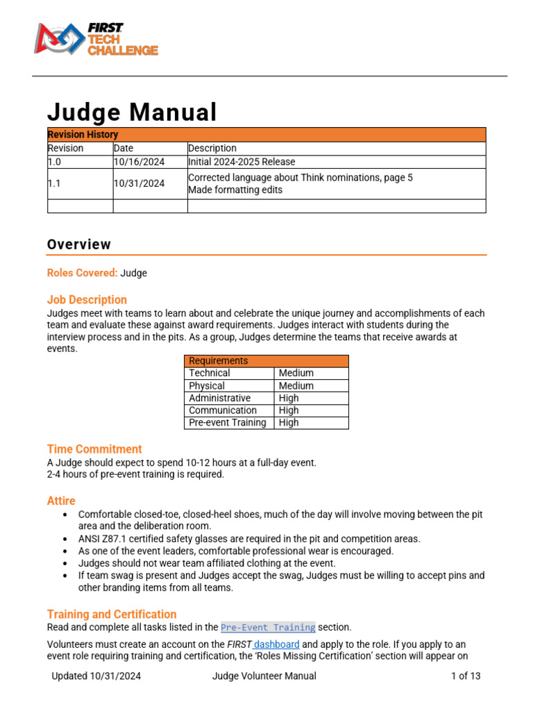 Judge Volunteer Manual for FIRST Events | PDF