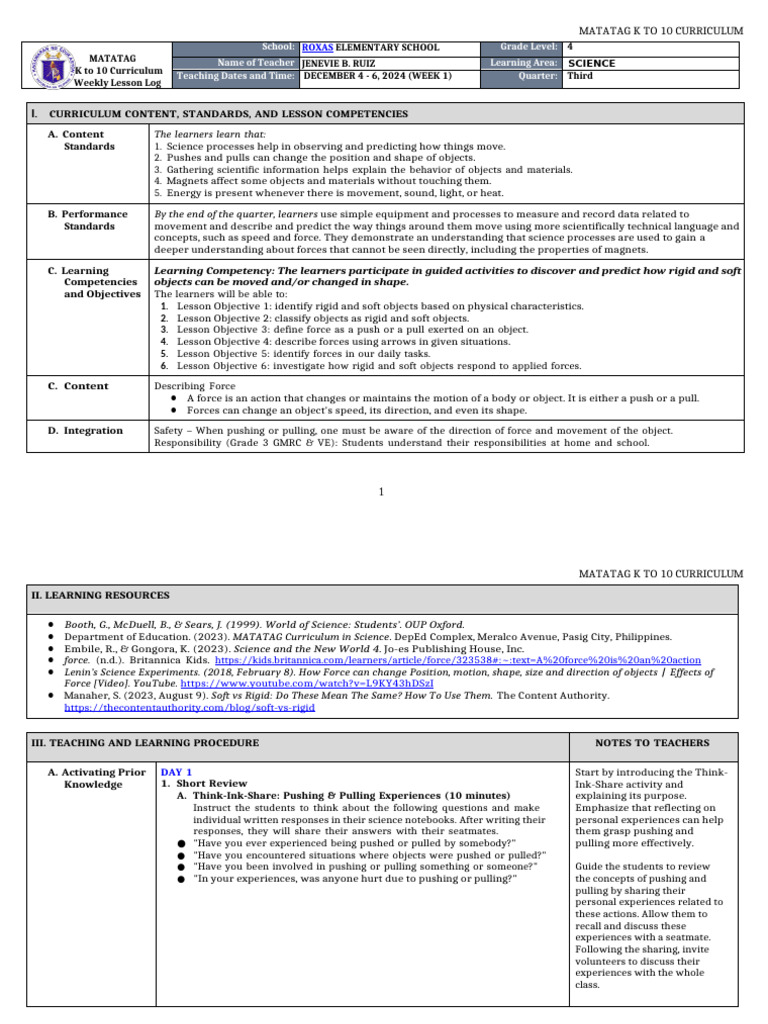 DLL - Science 4 Q3 W1 | PDF | Force | Learning