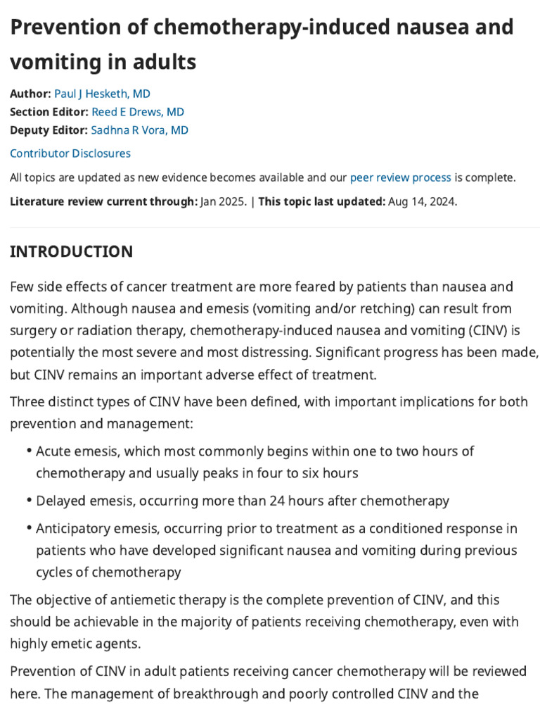 Prevention of Chemotherapy Induced Nausea and Vomiting | PDF ...