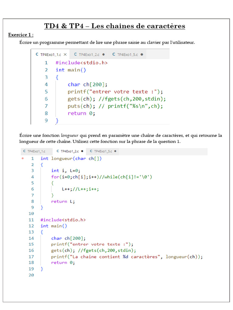 Exercices de Programmation C: Chaînes et Pointeurs | PDF | Pointeur ...
