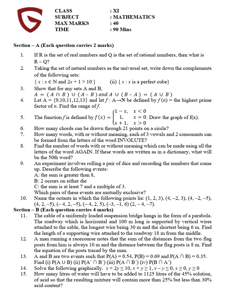 Class XI Mathematics Exam Questions | PDF