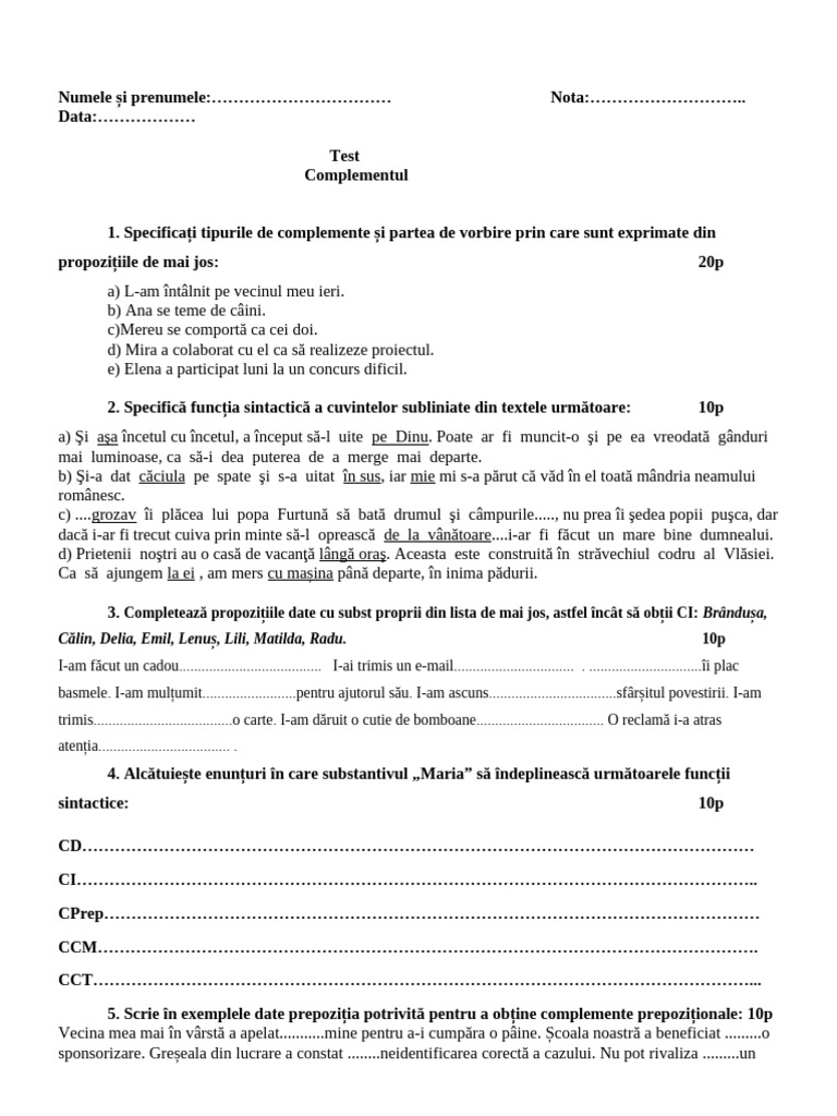 Test Complementul VI | PDF