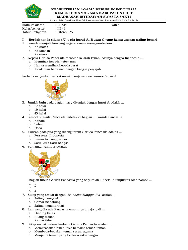 Soal Pancasila Kelas 3 SD Kurikulum Merdeka | PDF