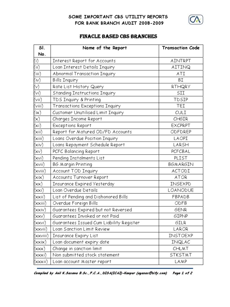 Essential CBS Reports for Bank Audits | PDF