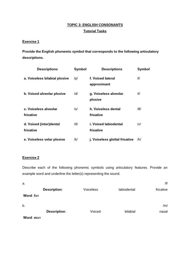 English Consonants: Symbols & Exercises | PDF | Consonant | Phonetics