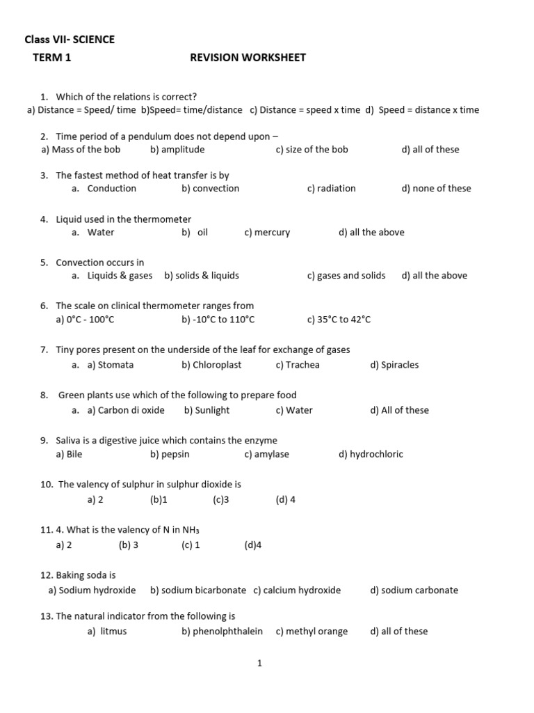 Class VII Science Revision Worksheet | PDF | Acid | Chemical Compounds
