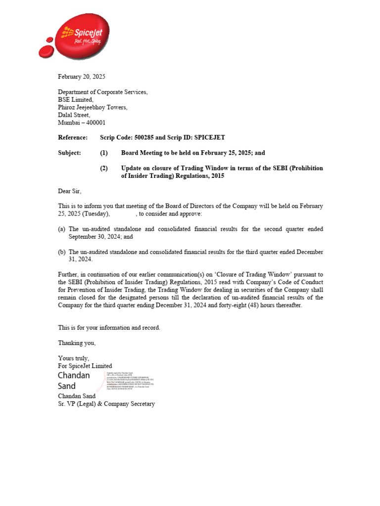 SpiceJet Board Meeting Notice 2025 | PDF | Corporate Law | Knowledge ...