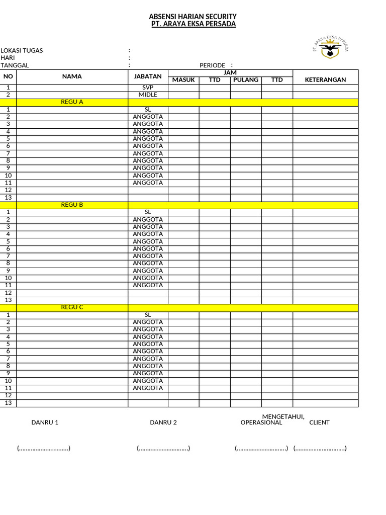Formulir Absensi Harian Security | PDF