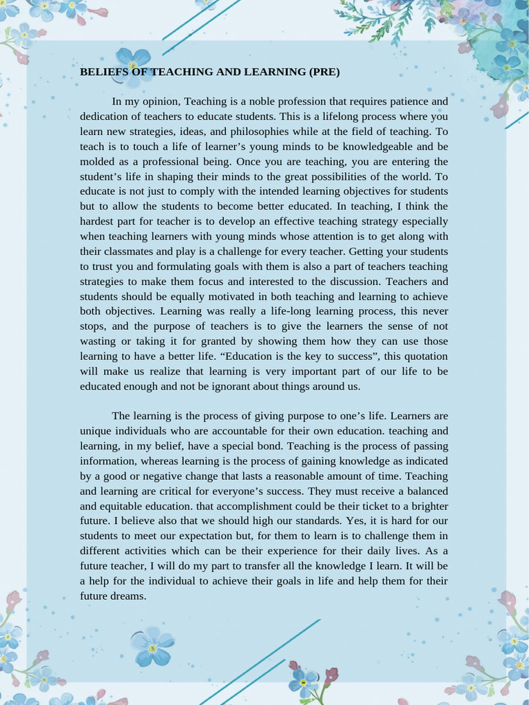 Beliefs On Teaching and Learning in FS 2 | PDF | Learning | Teachers