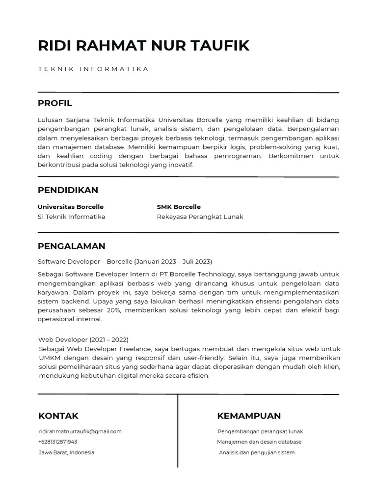 CV Lulusan Teknik Informatika Borcelle | PDF