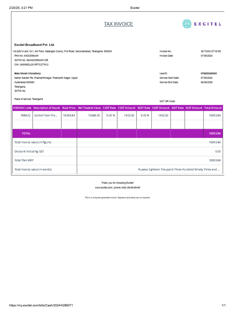 Excitel Procare Invoice - Hyderabad | PDF | Payments | Public ...