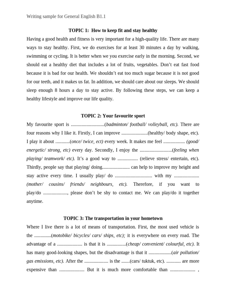 B1 Writing Samples on Health and Sports | PDF | Transport | Physical ...